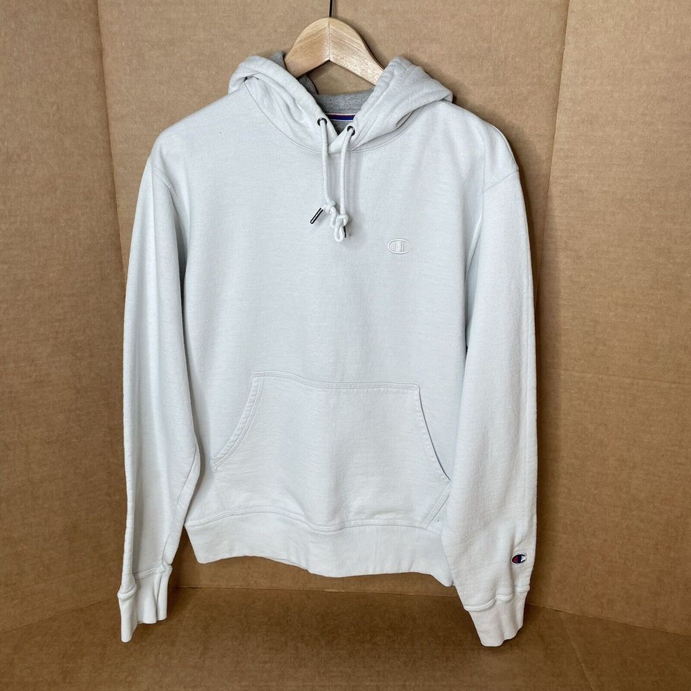 Champion Hoodie Sweatshirt, Small, White, Logo, Drawstring.